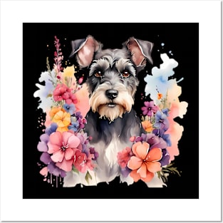 A schnauzer dog decorated with beautiful watercolor flowers Posters and Art